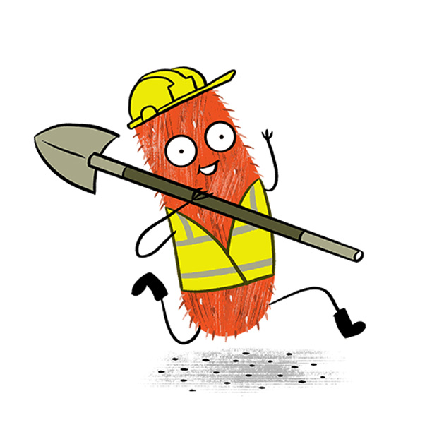 Orange monster in hard hat and vest carries a shovel, cheerfully showing this page is temporarily under construction.