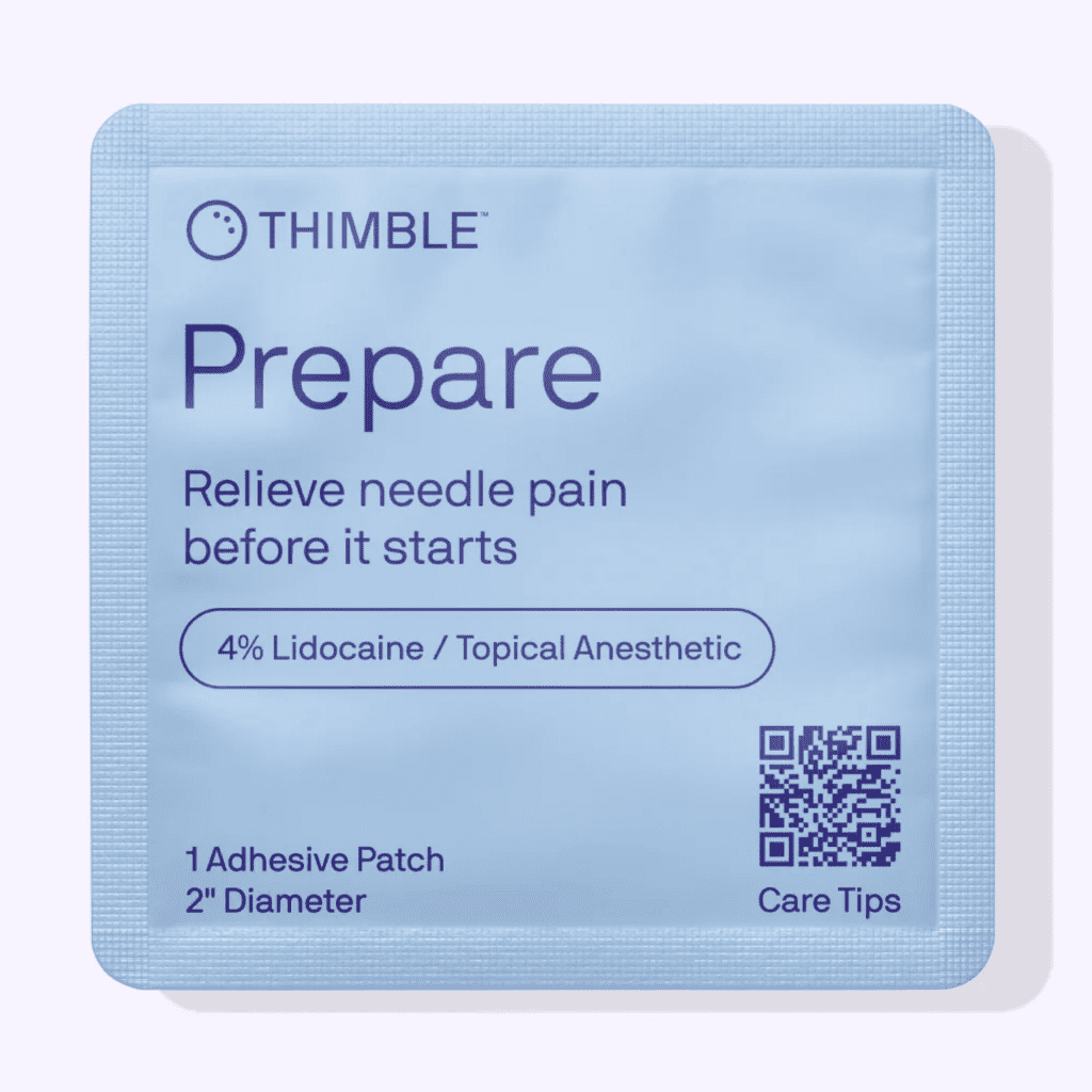 Thimble Prepare patch packet, light blue, reading "Relieve needle pain before it starts" — 4% lidocaine topical anesthetic, 2-inch adhesive patch
