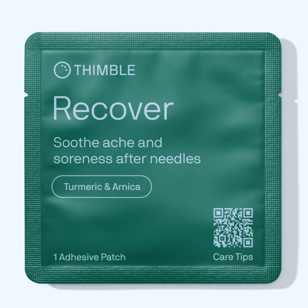 Thimble Recover patch packet, dark teal, reading "Soothe ache and soreness after needles" — turmeric and arnica adhesive patch