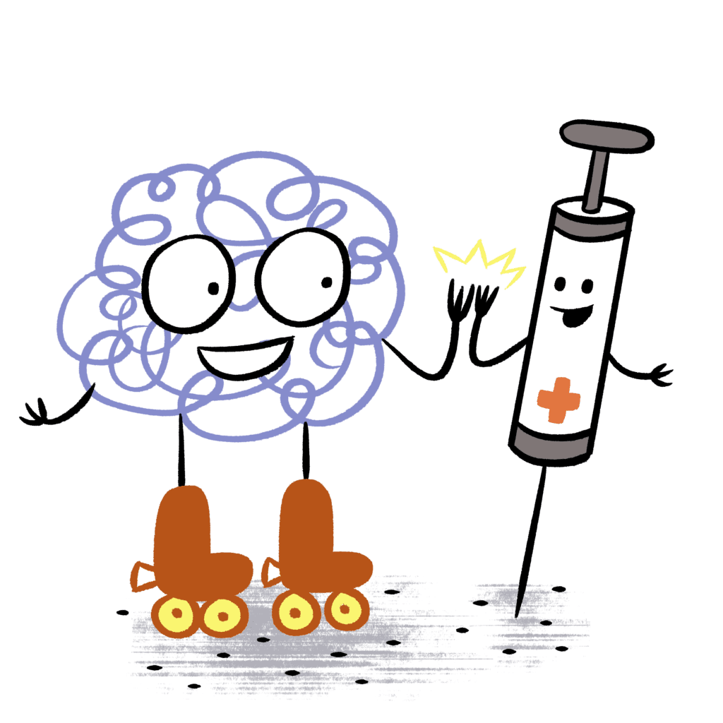 A purple brain-shaped Meg monster startles backward as a cheerful syringe character rolls toward it on roller skates, illustrating needle anxiety