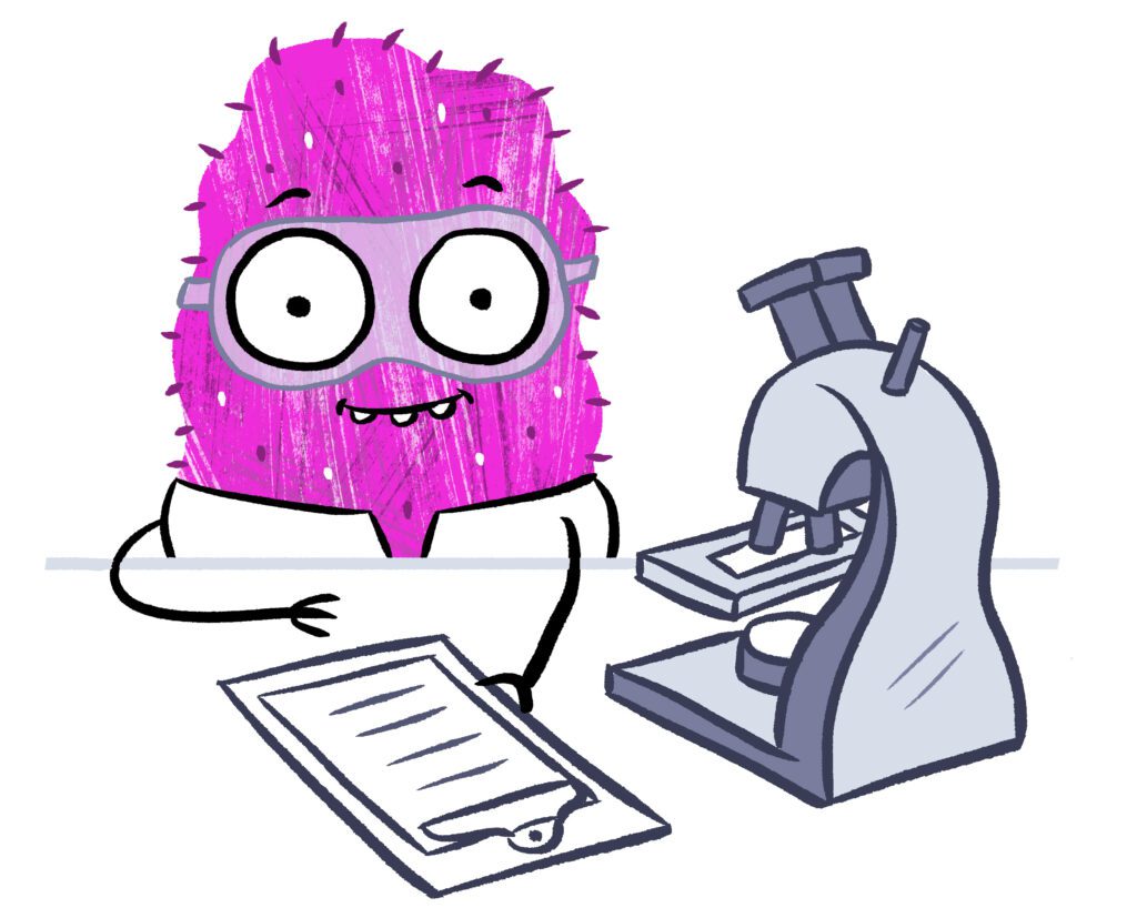 A pink Meg monster in a lab coat and safety goggles examines a clipboard next to a microscope