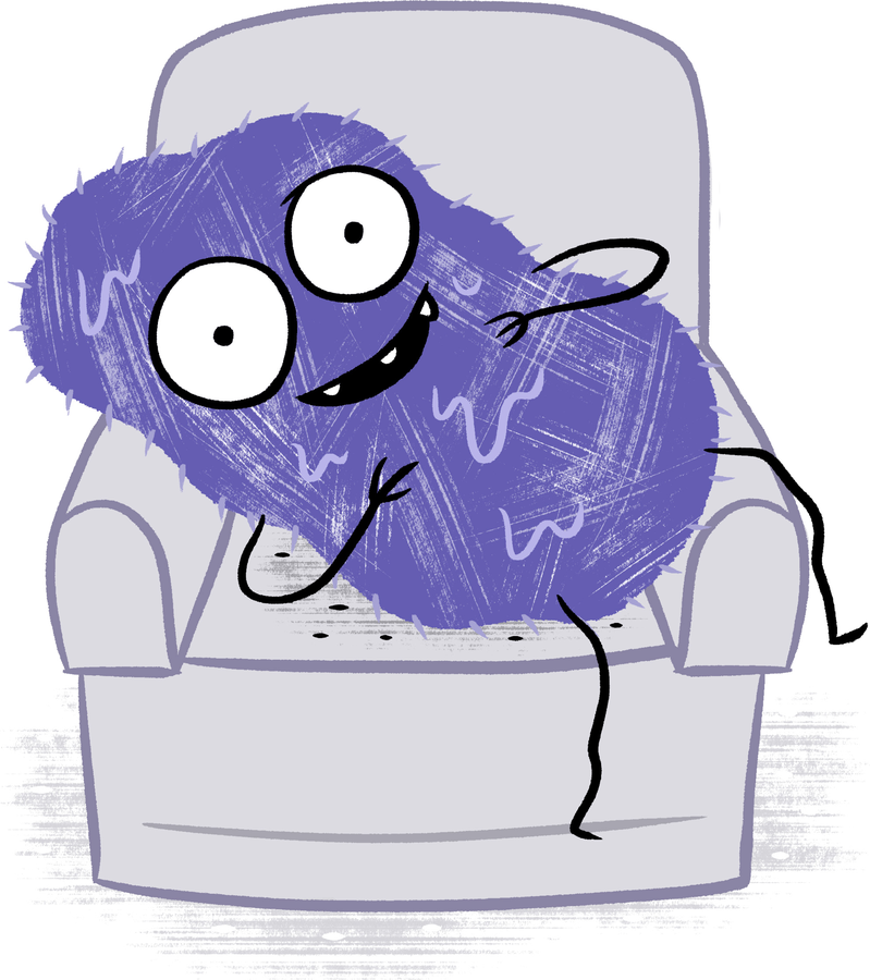 Purple monster character resting in an armchair