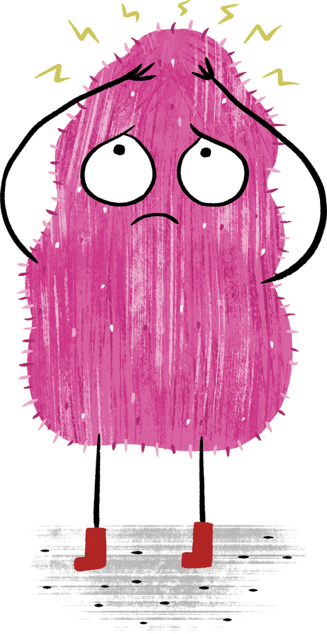 Pink monster character holding its head with a headache
