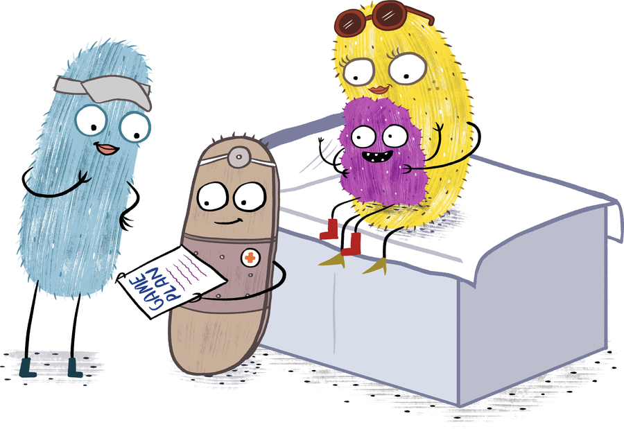 A health office visit with the band-aid nurse character and a family