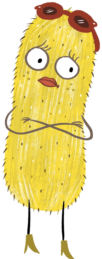 The yellow mom monster with her arms crossed, thinking it over