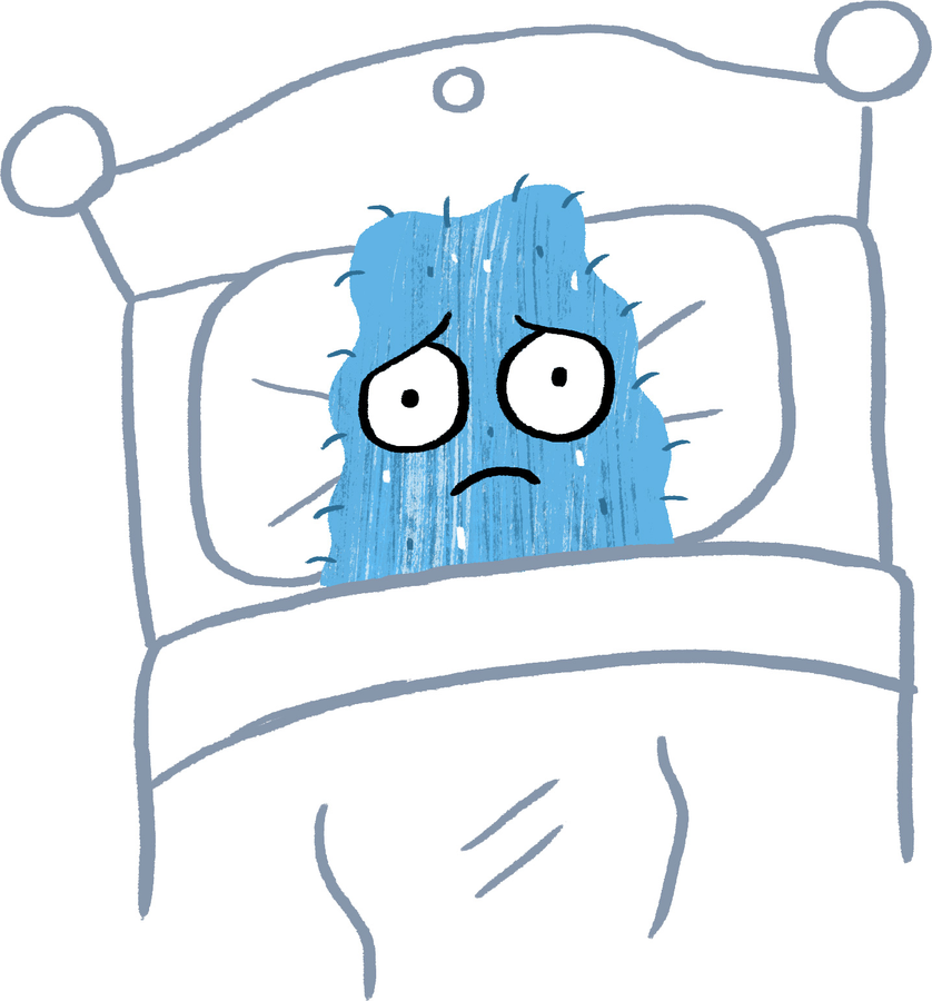 Blue monster character tucked up in bed feeling unwell