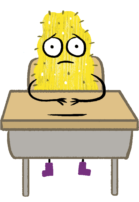 Illustration of a yellow monster character sitting at a school desk. He looks distressed.