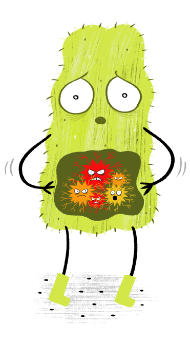 image of a little green monster with pain symbols rustling inside his tummy